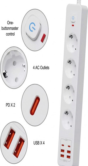 Termal Akım Korumalı 4'lü Priz 4x USB 2x Type-C Çıkışlı Grup Priz Çoğaltıcı (3500W) - Image 1