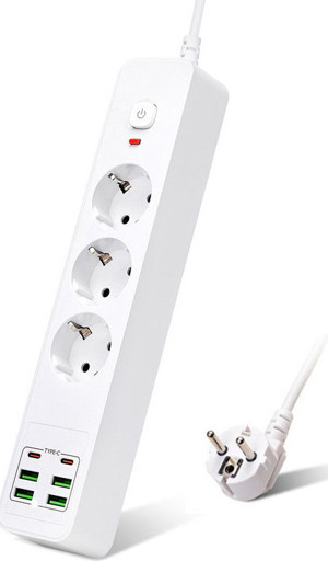 HEPU HP-H11 4x USB 2x Type-C 3lü 2mt Kablolu 18W Akım Korumalı Grup Priz 13000W - Image 1