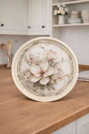 English Vintage Büyük Çay Servis Tepsisi | Magnolia Bloom | Yuvarlak Büyük Sunum Tepsisi - 36x36 cm - Image 1