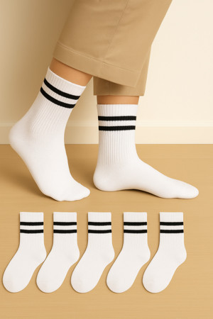 Uzn Socks Unisex Beyaz Siyah Çizgili Kolej Stil Spor Çorap – 6’Li Paket Yüksek Pamuk Oranlı - Image 1