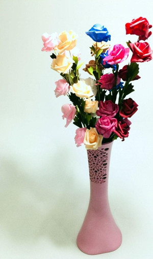 M3Decorium Uzun Saplı 5 Başlı 7 Renk Güllü 40Cm Desenli Pembe Vazo - Image 1