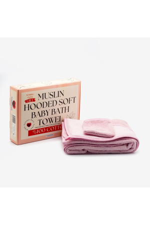 tagopia Müslin Başlıklı Bebek Havlusu Kız %100 Pamuk Pembe 75x80cm Banyo Eldiveni Hediyeli - Image 1