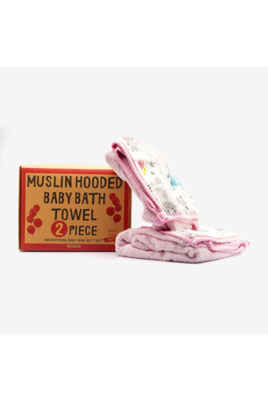 tagopia Müslin Başlıklı Bebek Havlusu 2 Adet Kız %65 Pamuk Pembe 75x80cm 2 Banyo Eldiveni Hediyeli - Image 1