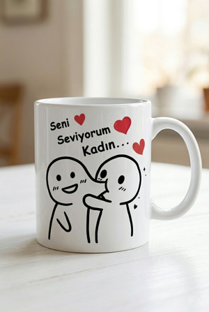Çift Kupası Seni Seviyorum Kadın Yazılı Sevgiliye Eşe Özel Hediye Kalpli Kupa Bardak Özel Tasarımlı - Image 1