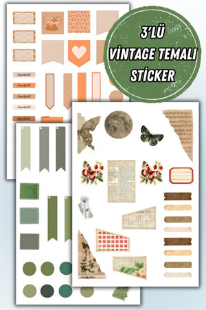 Birikiyedi 3'Lü Vintage Sticker Planner Ajanda Bullet Journal İçin Uygun Set - Image 1