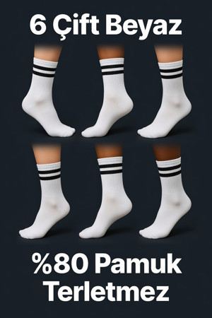 6 Çift Beyaz Siyah Çizgili Desenli Tenis Çorap Sporcu Çorabı Uzun Erkek Spor Çorap  - Image 1