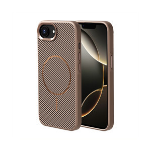 Maks Technology iPhone 17E Kılıf M-safe Şarj Özellikli Karbon Fiber Görünümlü MKST Troy Kapak - Gold - Image 1