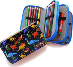 Dinozor Palmiye Desenli Kawai Organizer Kalemkutu Kalem kutusu Vegan Deri Üç Bölmeli Kalemlik - Mavi - Image 1