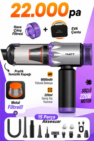 MATT MCV22 Şarjlı Araç Süpürgesi Mor 22.000Pa Güçlü Vakumlu Type-C Şarjlı 220ML - Image 1