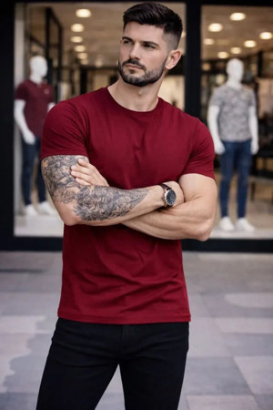 Yakestore YAKE STORE Erkek T-Shirt Bisiklet Yaka Slim Fit Dar Kesim Likralı Tişört Günlük Basic Body - Bordo - Bordo - Image 1