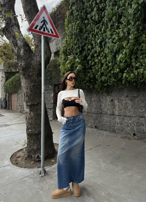 Northcity Vintage Yıkamalı Uzun Maxi Denim Etek - Retro Yüksek Bel Yırtmaçlı Kot Etek - Image 1