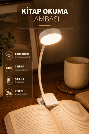 Şarjlı Ayarlı Klipsli Mini Kitap Okuma Lambası Mandallı Işık Masa Lambası Kitap Okuma Işığı AV3310 - Image 1