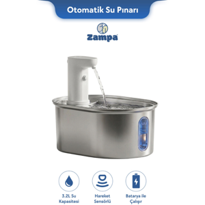 Zampa Zampa Kedi ve Köpekler İçin Oval Sensörlü Bataryalı Çelik Otomatik Su Pınarı 3.2 Litre - Image 1