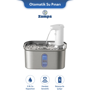 Zampa Kedi ve Köpekler İçin Kare Sensörlü Bataryalı Çelik Otomatik Su Pınarı 2.8 Litre - Image 1