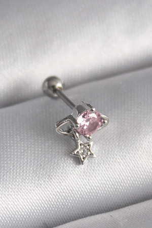 Noname 316L Çelik Gümüş Renk Pembe Zirkon Taşlı Sallantı Yıldız Detay Tragus Piercing - Image 1