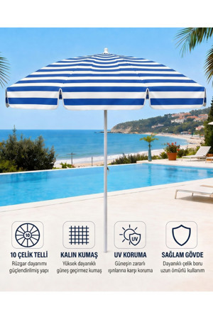 Durul Plaj Şemsiyesi Balkon Bahçe Güneş Şemsiyesi 200cm 10 Telli UV Korumalı – Mavi Çizgili - Image 1
