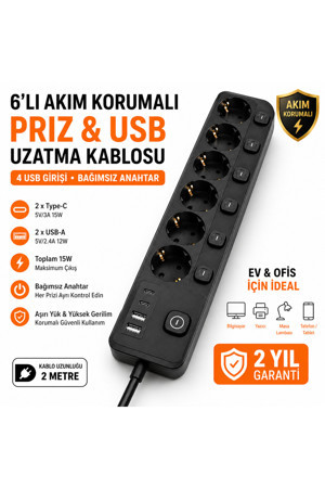6’lı Ayrı Anahtarlı Akım Korumalı Priz 3680W 16A 2 USB 2 Type-C 2 Metre Kablolu Çoklu Priz - Image 1
