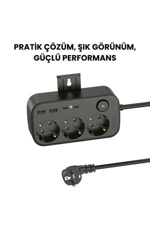3’lü Akım Korumalı Priz | 2 USB + 2 Type-C Anahtarlı ve Duvara Monte Edilebilir Uzatma Kablosu - Image 1