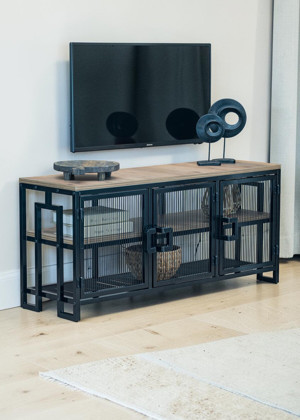 DEKORATİF METAL GÖVDELİ AHŞAP RAFLI TV ÜNİTESİ 3 RAFLI 3 KAPAKLI TV SEHPASI 120 x 30 CM TELEVİZYON ÜNİTESİ - Image 1