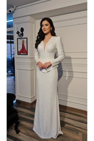 Makbule Official Payet Kumaştan, Balık Model,Söz Nişan Nikah Elbisesi - Image 1
