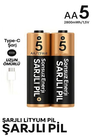 Şarjlı Kalın Kalem Pil AA Şarj Edilebilir Pil 1.5V 2800mWh Lityum-İon Kalın Pil AA 5 Type-C Şarjlı - Image 1