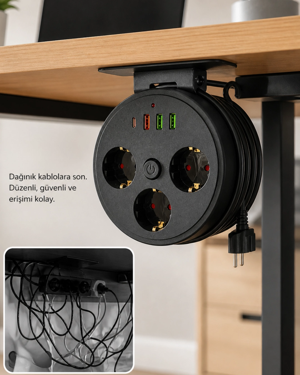Akım Korumalı Priz USB ve Type C Girişli 3lü Priz 2 Metre Kablo Dayanıklı - Image 1