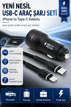 Yeni Nesil USB-C Araç Şarj Seti iPhone to Type-C Kablolu PD18W Hızlı Şarj Destekli Araç İçi Şarj Cihazı - Image 1