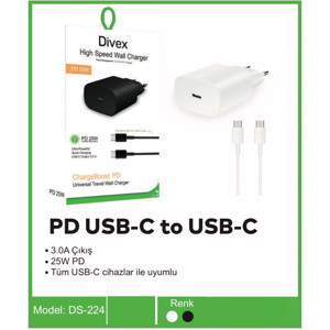 Divex Type-C to Type-C PD ( USB-C ) Çıkış 3.0A 25W Şarj Aleti DS-224 - Image 1