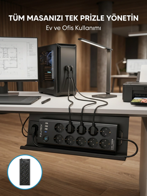 USB ve Type-C Şarj Özellikli 10'lu Çoklu Priz - Image 1