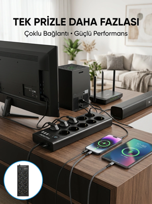 10 Prizli USB Destekli Çoklu Priz Type-C Şarj Girişli Güvenli Güç Ünitesi - Image 1