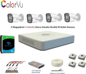 Hikvision 2mp 4 kameralı Dış ortam AHD HD-TVI ColorVu Gece Renkli Kamera Seti 4TB Disk - Image 1