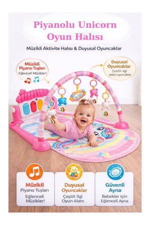 Hak-İş Oyuncak Piyanolu Unicorn Desenli Bebek Oyun Halısı – 0+ Ay, Hayvan Figürlü İşıklı Ve Müzikli Gelişim Matı - Image 1