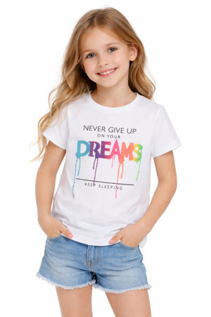 İrem Çocuk Giyim Kız Çocuk Dreams Yazı Desenli Beyaz Renk Kısa Kol Tişört - Image 1