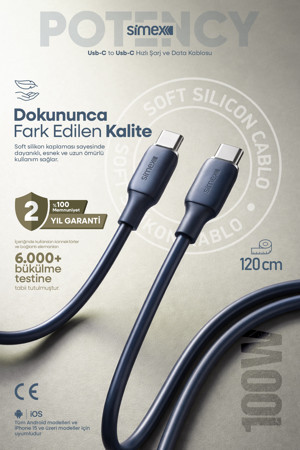 Simex 100W Type-C to Type-C Hızlı Şarj Kablosu – iPhone ve Android Uyumlu, Soft Silikon 1.2 m SPK-14 - Image 1
