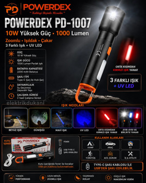 POWERDEX 10w Type-C Şarjlı Ledli Profesyonel El Feneri 3 Farklı Işık Rengi ve Yanma Modu 1000Lm Dahi - Image 1