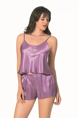 Lila Saten Babydoll Şort Takımı - Image 1