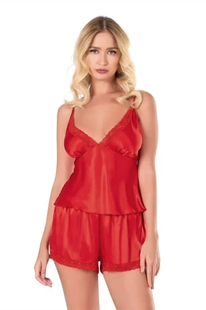 Kırmızı Saten Babydoll Şort Takımı - Image 1