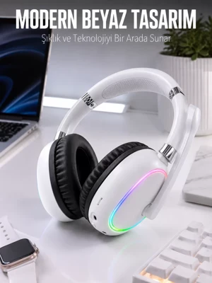 Northcity Kablosuz Bluetooth Kulaklık – RGB Işıklı, Mikrofonlu, Type-C Şarj Destekli Beyaz Kulaklık - Image 1