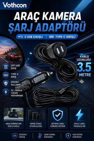 Araç Kamera Şarj Adaptörü 2 Usb'li Type-c Girişli 3.5 Metre Kablo Uzunluğu(Ürün Kamera Değildir) - Image 1