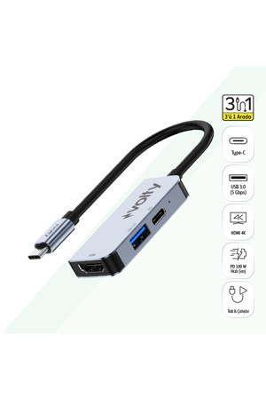 Type-C Çoğaltıcı Hub 3 in 1 | 4K HDMI, 100W PD Hızlı Şarj, USB 3.0, Alüminyum Gövde (V0301003) - Image 1