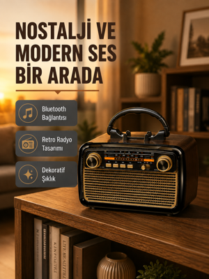 tekno LED’li Nostaljik Bluetooth Hoparlör – Vintage Tasarım, Ahşap Doku 2026 - Image 1