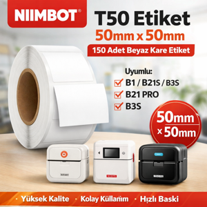 NIIMBOT T50 Etiket 50mm x 50mm (Tek Kolonda 1li) 150 adet Beyaz Kare (B1, B21S, B3S, B21 PRO) - Image 1
