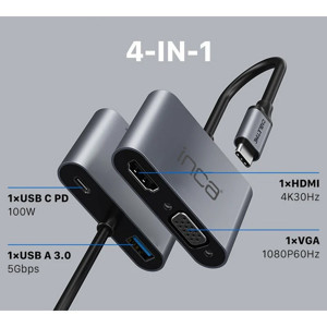 INCA ITPC-06T TYPE-C HUB X4 HDMI 4K@30 Hz+ VGA+ USB 3.0+PD 100W ALUMINYUM KASA ÇOKLAYICI - Image 1