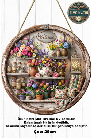 Time in a Tin Retro 1960 Dış Kapı Süsü - Ahşap Görünümlü 3D Etkili Vintage Çiçekli "Welcome" Kapı Süsü - Mdf (29 Cm) - Image 1