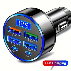 6 Portlu Hızlı Araç Şarj Cihazı – 4 USB + 2 Type-C Çıkışlı Dijital Göstergeli Oto Şarjı - Image 1