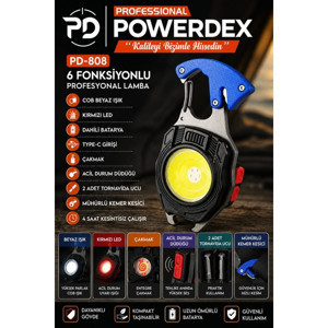 Powerdex Pd-808 6 Fonksiyonlu Cob Led Kamp Ve Acil Durum Feneri | Type-C Şarjlı | Çakmak | Düdük | Kemer Kesici | 2 Tornavida Uçlu - Image 1