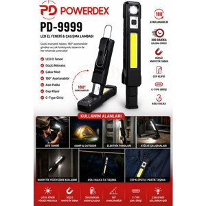 Powerdex Pd-9999 Şarjlı Led Çalışma Lambası | 180° Ayarlanabilir | Cob + Led El Feneri | Mıknatıslı | Type-C Şarjlı | Cep Klipsli - Image 1