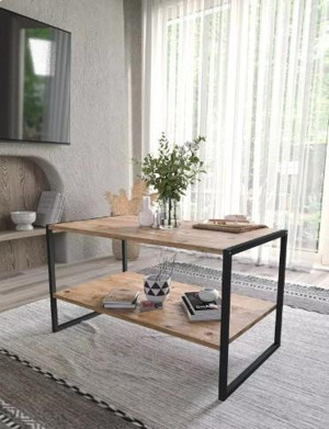 Bofigo 50x90 Metal Orta Sehpa Dikdörtgen Orta Sehpa Raflı Kahve Sehpası Çam - Image 1