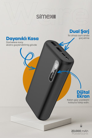 Simex Ware 20.000 mAh Dijital Ekranlı Powerbank - Dual Şarj, Type-C & Micro USB, Hızlı Şarj Destekli - Image 1