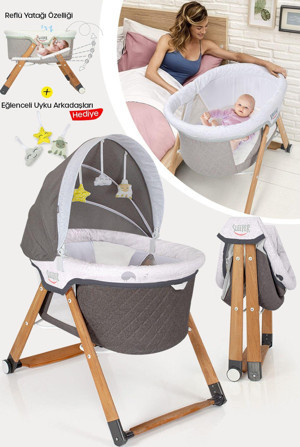 Kiwi Sleeper Anne Yanı Reflü Ayarlı Park Yatak Tekerli Katlanır Ahşap Beşik- Gri - Image 1